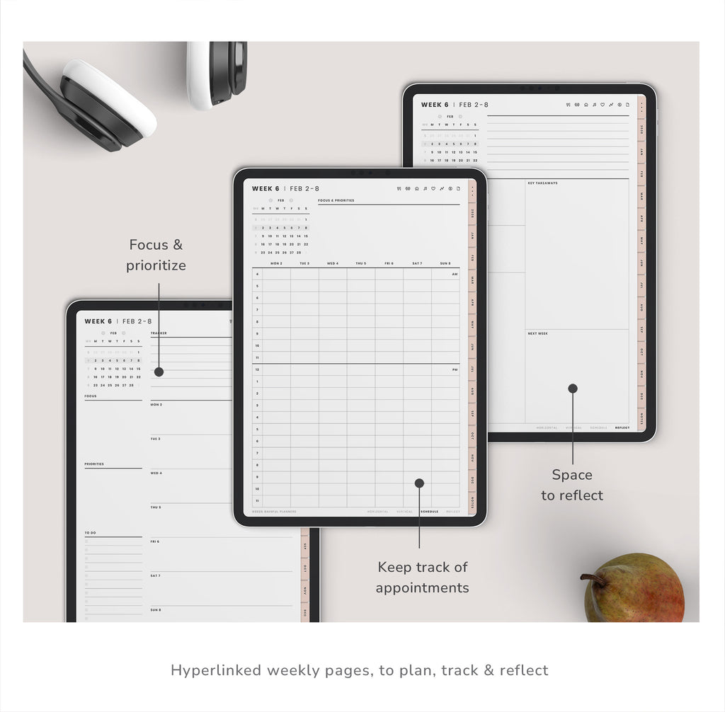 Set of weekly planner pages with text on a white surface