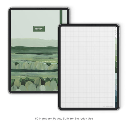 Two notebooks with different covers, one showing a scenic landscape and the other a grid pattern, on a white background.