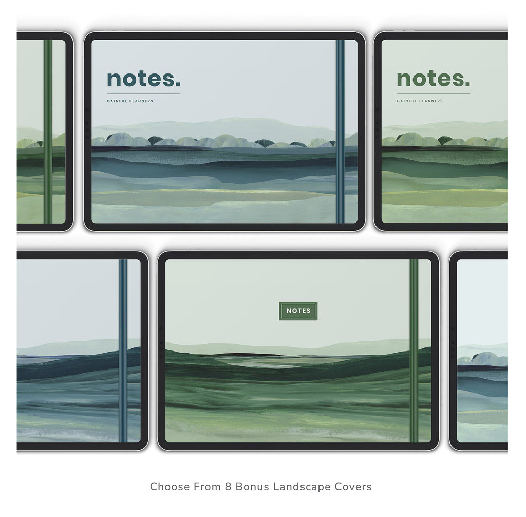 Set of landscape-themed planners with 'notes.' branding on a white background.
