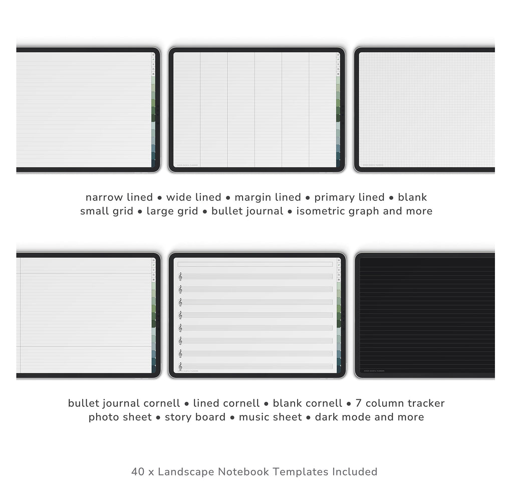 Various landscape notebook templates with different line patterns on a white background.