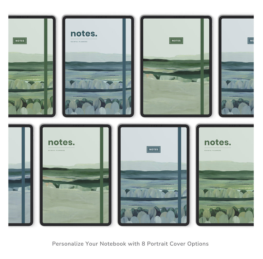 Collage of notebook covers with scenic design and 'notes.' text.