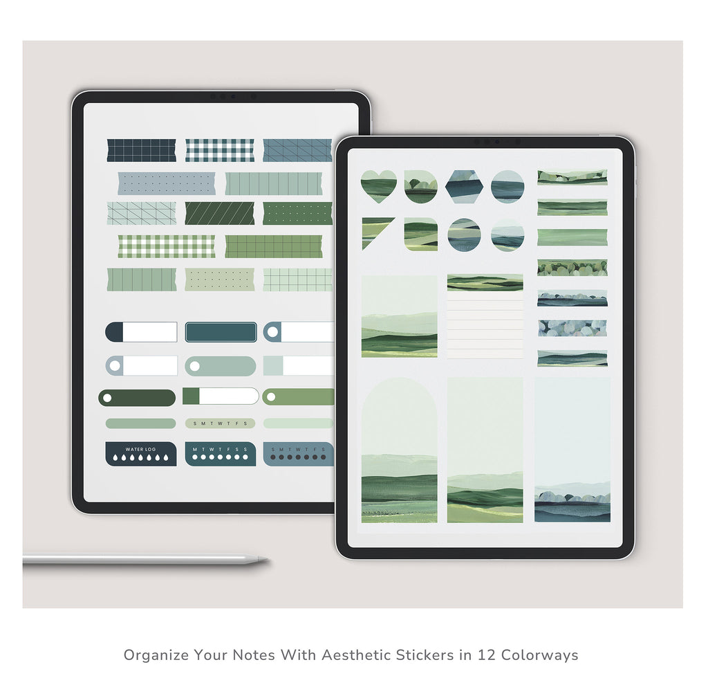 Two tablets displaying green-themed stickers on a light gray background.