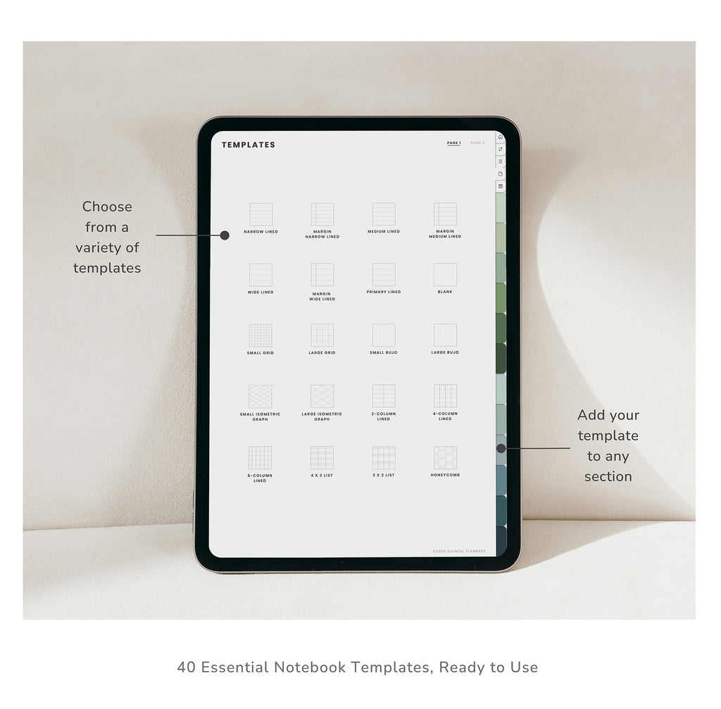 Tablet displaying notebook templates on a white surface with a lamp in the background
