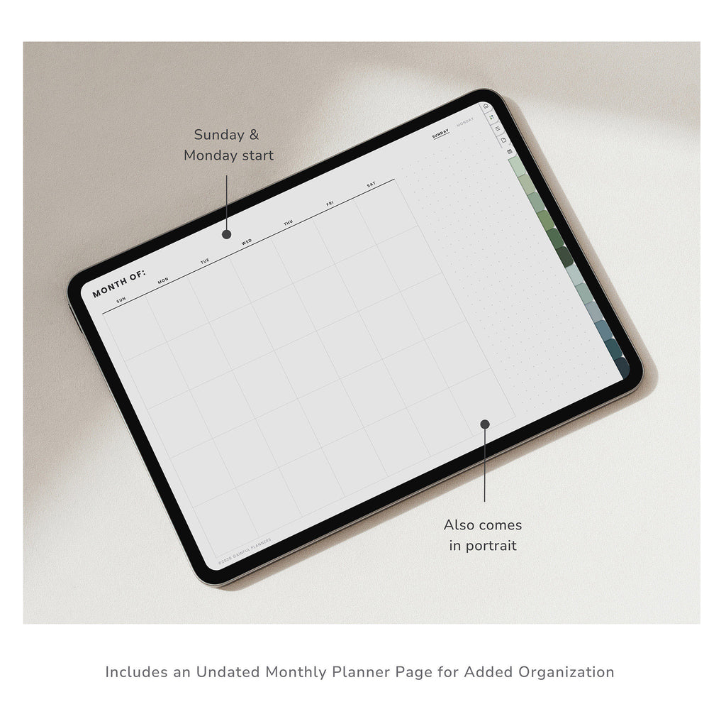 Digital tablet displaying a planner app with text indicating features and orientations.