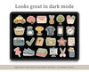 A digital preview of a planner sticker set featuring cute, illustrated icons on a black background, with text reading 'Looks great in dark mode' and 'DESIGNED FOR LIGHT AND DARK JOURNAL / PLANNER PAGES' at the bottom.