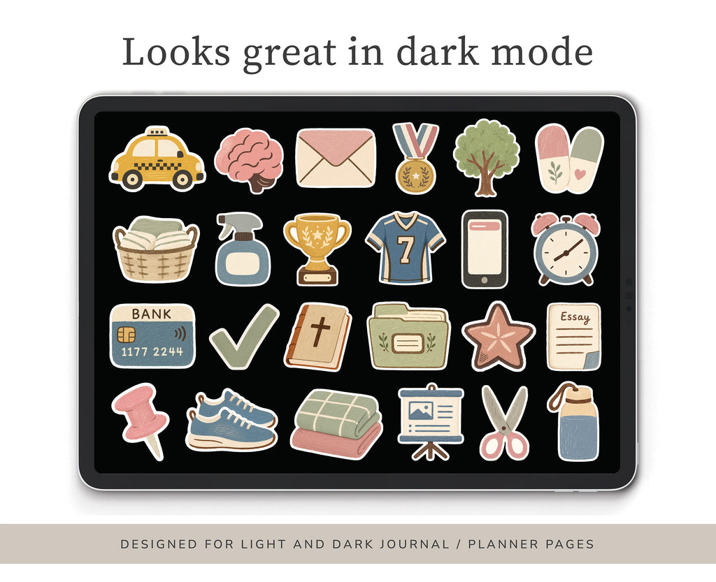 A digital preview of a planner sticker set featuring cute, illustrated icons on a black background, with text reading 'Looks great in dark mode' and 'DESIGNED FOR LIGHT AND DARK JOURNAL / PLANNER PAGES' at the bottom.