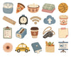 A collection of cute, hand-drawn style vector icons and illustrations on a solid white background, featuring everyday items like a coffee cup, pizza slice, popcorn bowl, and notebook.