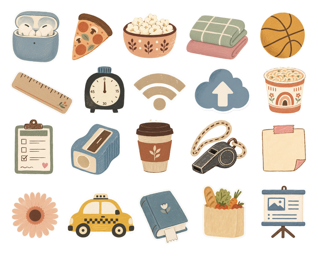 A collection of cute, hand-drawn style vector icons and illustrations on a solid white background, featuring everyday items like a coffee cup, pizza slice, popcorn bowl, and notebook.