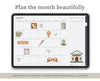 A tablet displaying a January planner page with illustrated calendar boxes, notes, and a bank building graphic, under the heading 'Plan the month beautifully.' Text at the bottom says it is shown with a monthly planner page from Gainful Planners.