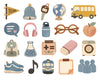 A collection of flat, hand-drawn style school and travel-themed icons on a white background, including a yellow school bus, globe, backpack, headphones, sneakers, train, and other educational accessories.
