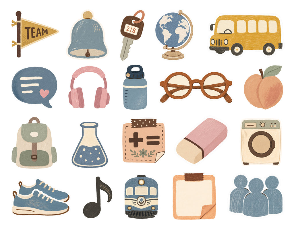 A collection of flat, hand-drawn style school and travel-themed icons on a white background, including a yellow school bus, globe, backpack, headphones, sneakers, train, and other educational accessories.